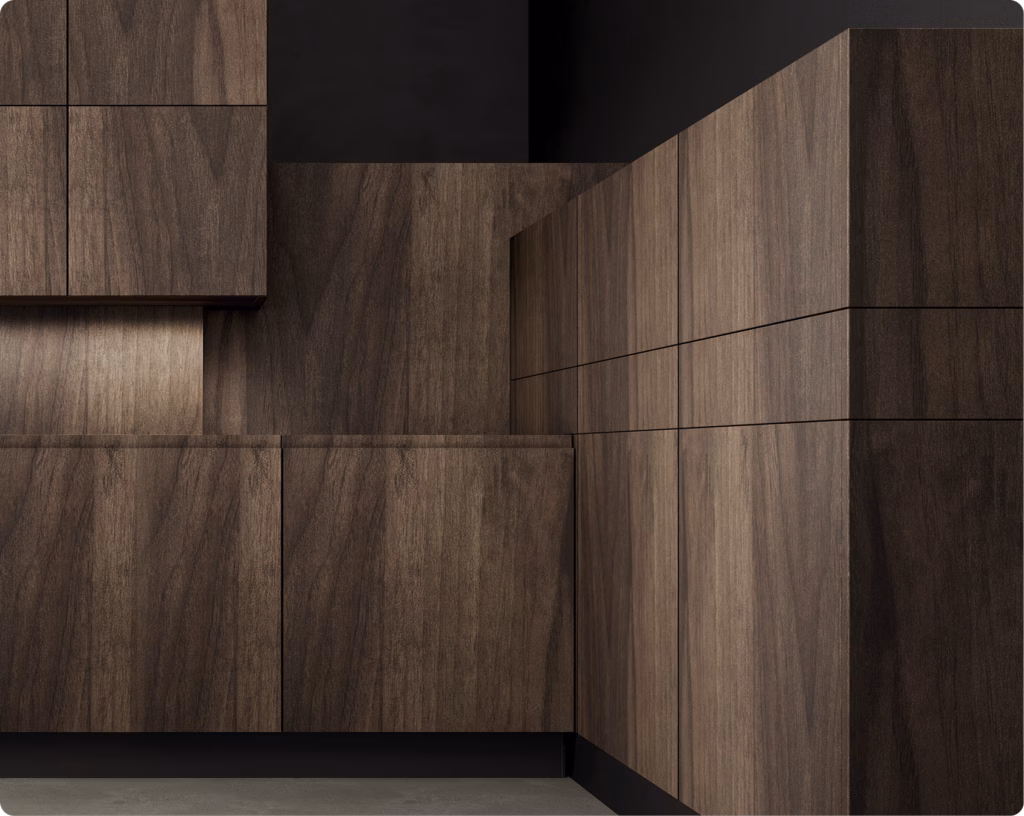 Mobili in legno scuro a venature verticali: design moderno, essenziale e senza maniglie.
