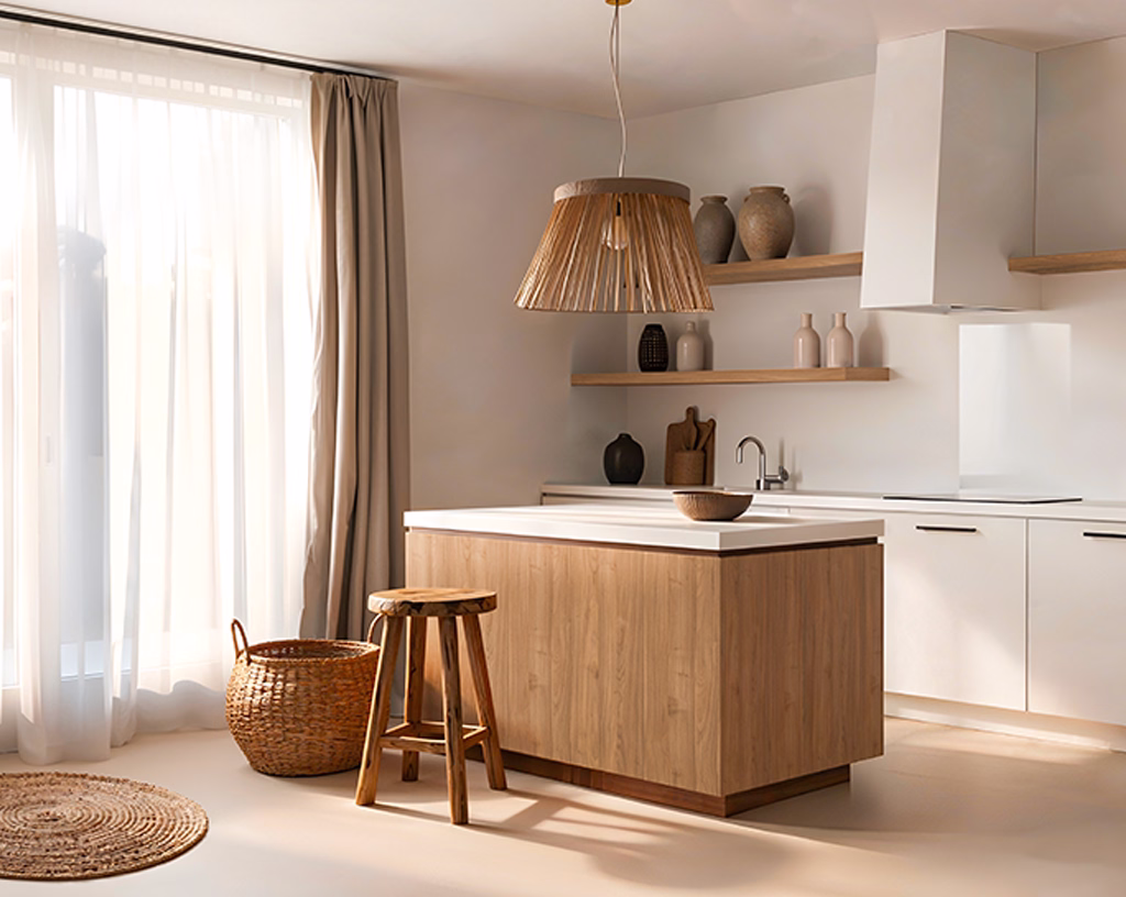 Mobili in legno scuro a venature verticali: design moderno, essenziale e senza maniglie.